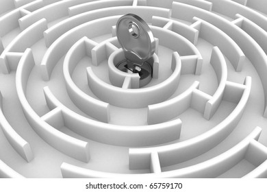 White circle labyrinth with key. 3D image