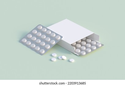 White Circle Pills In Blister Pack In Cardbox Packaging. Mockup Template. 3d Rendering