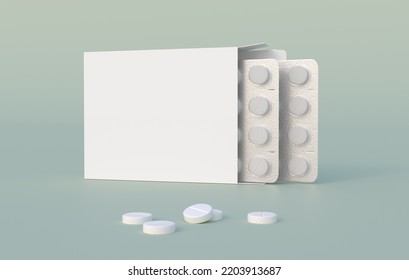 White Circle Pills In Blister Pack In Cardbox Packaging. Mockup Template. 3d Rendering