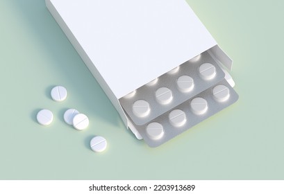 White Circle Pills In Blister Pack In Cardbox Packaging. Mockup Template. 3d Rendering