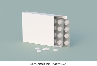 White Circle Pills In Blister Pack In Cardbox Packaging. Mockup Template. 3d Rendering