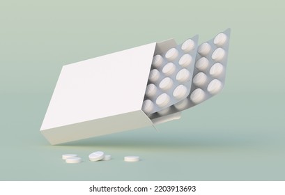 White Circle Pills In Blister Pack In Cardbox Packaging. Mockup Template. 3d Rendering