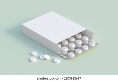 White Circle Pills In Blister Pack In Cardbox Packaging. Mockup Template. 3d Rendering