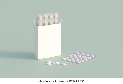 White Circle Pills In Blister Pack In Cardbox Packaging. Mockup Template. 3d Rendering