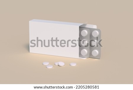 White circle pills in pack with two blisters in cardbox packaging. Mockup template. 3d rendering