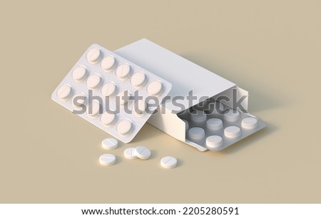 White circle pills in pack with two blisters in cardbox packaging. Mockup template. 3d rendering