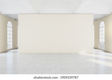 White classical gallery interior with large windows and blank wall. Museum and exhibition concept. Mock up. 3D Rendering
