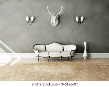 White classical style sofa in vintage room. 3D illustration