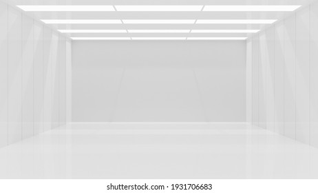 白いクリーンな空のアーキテクチャーの空間のスタジオ背景に壁のディスプレイ製品をミニマリズム的に表示します。 3Dレンダリング。
