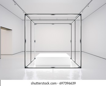 White Clean Gallery With Empty Modern Showcase. 3d Rendering