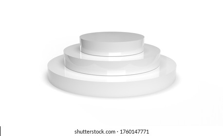 White clean room with a pedestal / podium in the middle. Podium with three steps. 3d generated