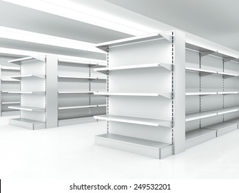 White Clean Shelves In Market. 3d Rendering