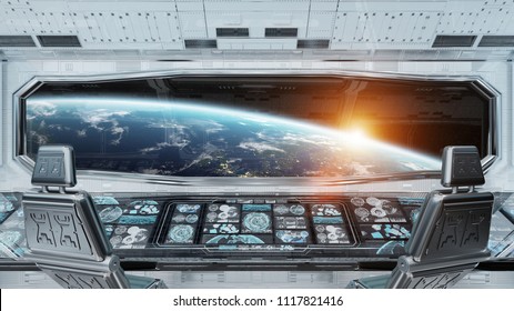 White Clean Spaceship Interior With View On Planet Earth 3D Rendering Elements Of This Image Furnished By NASA