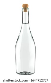 White Clear Glass Bottle of Sparkling Wine or Champagne. 3D Render Isolated on White Background.