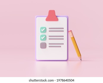 White Clipboard With Checklist On Pink Background. 3d Render Illustration.