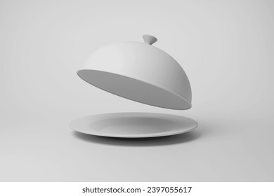 White cloche opened above a plate on white background in monochrome and minimalism. 3D illustration of the concept of food and cuisine - Powered by Shutterstock