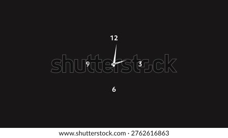 A white clock face is centered on a solid black background. The clock face white numbers at 12, 3, 6, and 9 o'clock. The hour and minute hands are also white, with the hour hand pointing to the 12 and the minute hand pointing to the 3.