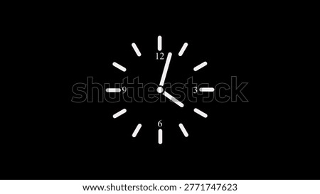 A white clock face on a black background with hour and minute hands pointing to 12 and 2 respectively.
