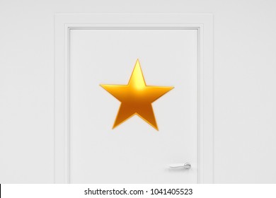 White Closed The Door To The Dressing Room With Her Hanging On Gold Star. 3d Illustration