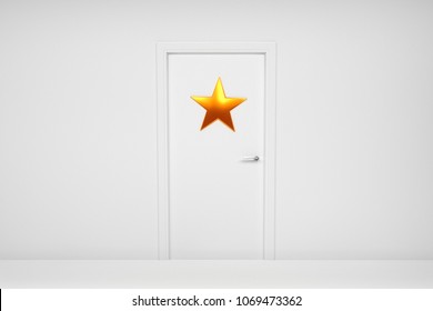 White Closed The Door To The Dressing Room With Her Hanging On Gold Star. 3d Illustration