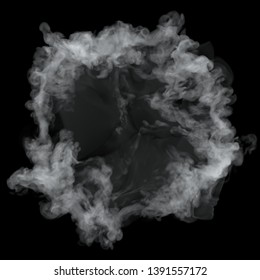 White Cloud Burst Texture Isolated On Black Background. Steam Explosion Special Effect. Realistic Thick Smoke Puff.