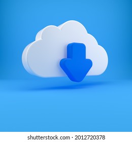 White Cloud Download Icon Isolated Over Blue Background. 3D Rendering.