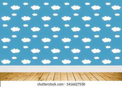  White Clouds on Blue Sky Background with wood floor 