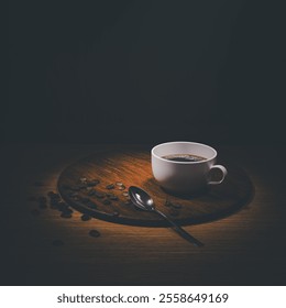 A white coffee cup with black coffee sits on a round wooden tray, surrounded by scattered coffee beans and a nearby spoon, creating a cozy, warm coffee scene on a wooden surface. - Powered by Shutterstock