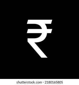 White Color Indian Rupee Or Money Symbol Shape, Sign Or Design Isolated On Black Background With Copy Space. India National Currency Icon Horizontal Macro Close Up View. Pictogram Illustration Concept