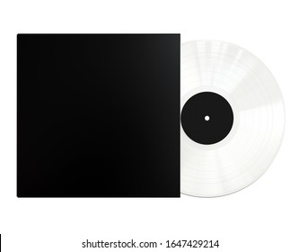 White Colored Vinyl Disc Mock Up. Vintage LP Vinyl Record with Black Cover Sleeve and Black Label Isolated on White Background. 3D Render.
