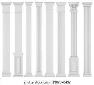 White Columns On A White Background. Isolated. 3D Illustration