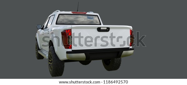 White commercial vehicle\
delivery truck with a double cab. Machine without insignia with a\
clean empty body to accommodate your logos and labels. 3d\
rendering.
