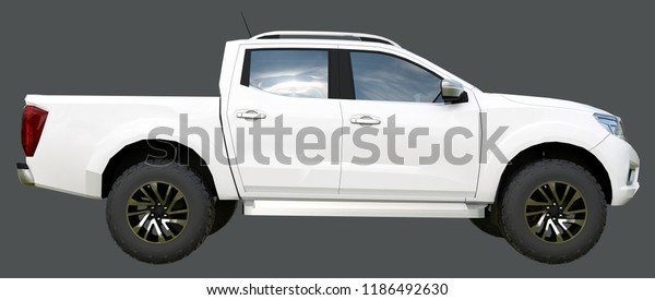 White commercial vehicle\
delivery truck with a double cab. Machine without insignia with a\
clean empty body to accommodate your logos and labels. 3d\
rendering.