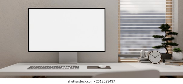 A white computer desk features a computer with a white screen mockup and decorative objects against the wall and window in a minimal white room. workspace, office, 3d render, 3d illustration