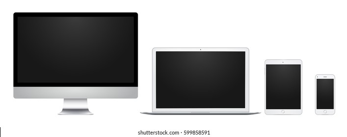 White computer display, laptop, pad and phone with blank screen, for design presentation, web mobile, 4k realistic illustration.