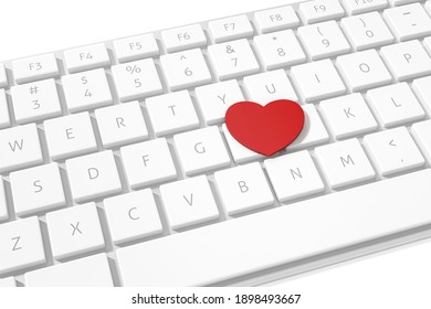 White computer keyboard button with red heart sign symbol 3d rendering. 3d illustration Internet dating of Love and Valentines Day greeting card template minimal concept.