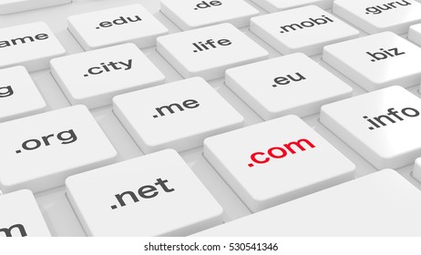 White computer keyboard with different domain endings and a red com key 3D illustration