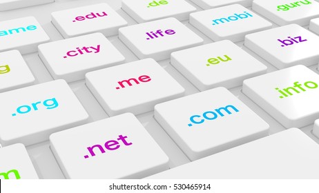 White computer keyboard with differently colored domain endings 3D illustration
