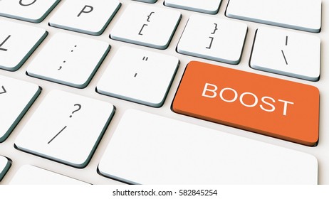 White computer keyboard and orange boost key. Conceptual 3D rendering
