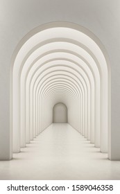 White concrete walkway arch arranged in a long line With light shining from above and on the side. Concepts of history construction temples and museums. 3D Illustration.