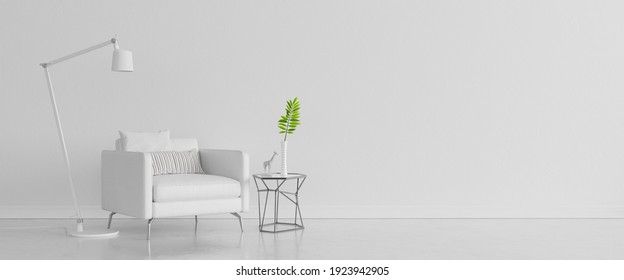 White Concrete Wall With White Modern Furniture, Minimal Interior Design, 3d Render, 3d Illustration