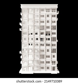 White condo, modern style, 11-floor model Architecture Made from paper, low poly front 3d rendering. Drill holes in windows and doors.