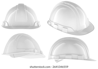 White construction hard hat set, different angles. 3D rendering isolated on white background  