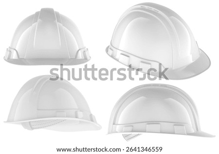White construction hard hat set, different angles. 3D rendering isolated on white background  