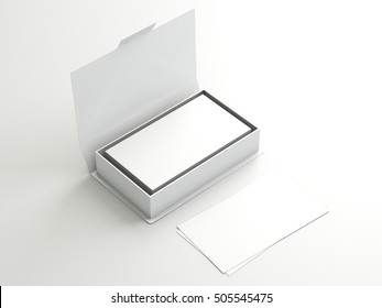 White contact business cards in the open white cardboard box. Clean mockup template with free copy space for design or advertising. On light effect white background. 3d illustration