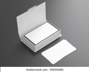 White contact business cards in the open white cardboard box. Clean mockup template with free copy space for design or advertising. On black and gray background with reflaction. 3d illustration