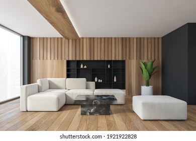 White Corner Sofa With Marble Coffee Table In Wooden Living Room, Parquet Floor And Wooden Wall. Couch And White Seat With Plant, Shelf In Wall And Window, 3D Rendering No People