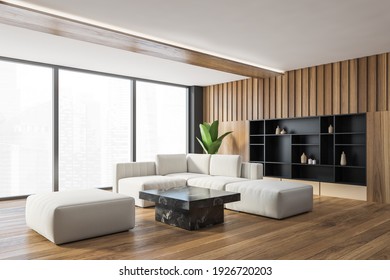 White Corner Sofa With Marble Coffee Table In Wooden Living Room, Parquet Floor. Couch And White Seat With Plant, Shelf In Wall And Window, 3D Rendering No People