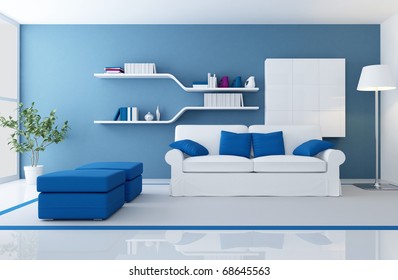 White Couch In A Blue Modern Living Room - Rendering