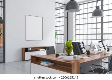 White Coworking Interior With Armchairs, Pc Computer On Desk, Side View Drawer With Documents. Office Room With Panoramic Window On Skyscrapers. Mockup Canvas Poster. 3D Rendering